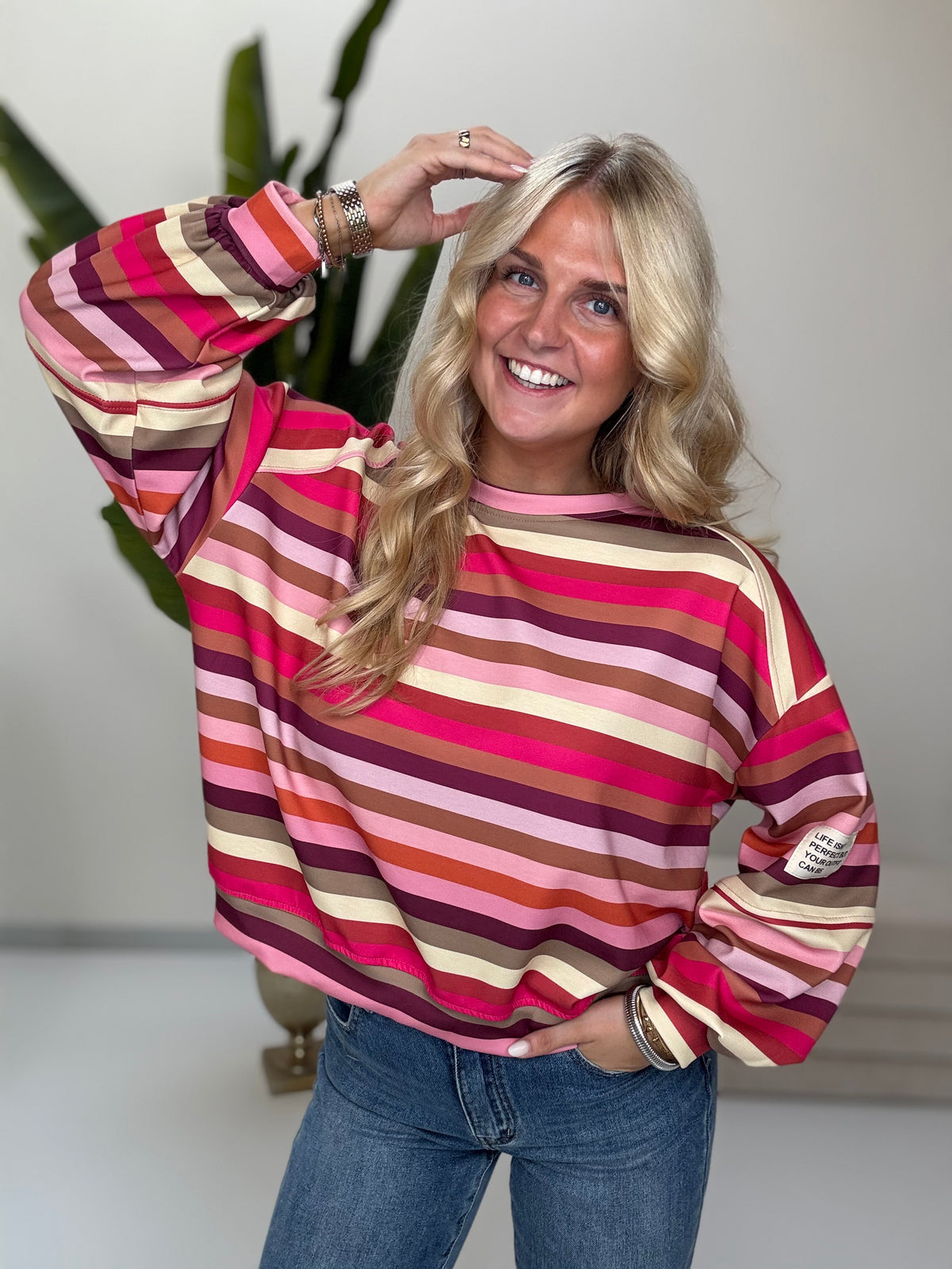 Butterstoff Sweater mit Patch am Ärmel SMALL STRIPES buttermilk/rosa/pink/taupe/braun/orange