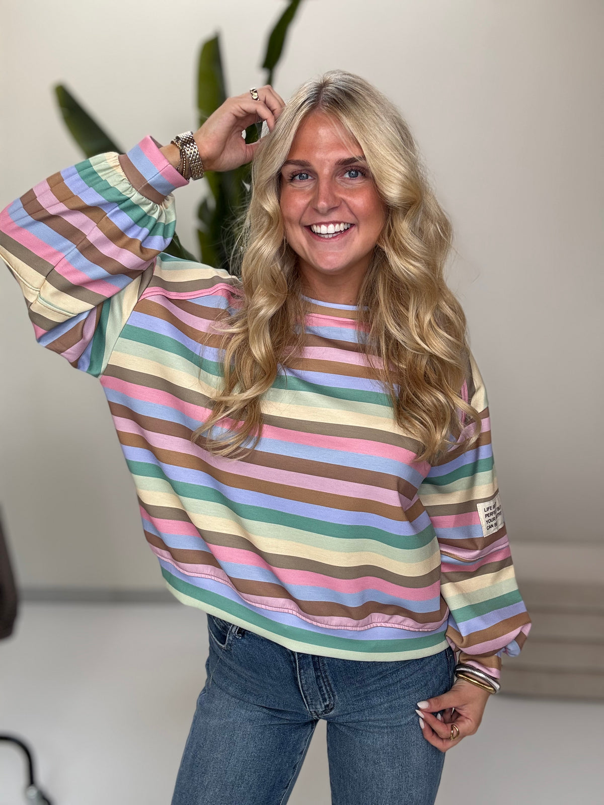 Butterstoff Sweater mit Patch am Ärmel SMALL STRIPES grün/mint/buttermilk/rosa/taupe