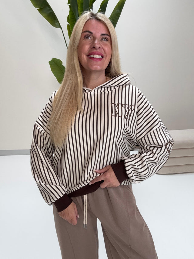 Hochwertiger Hoodie creme/coffee gestreift NEW YORK