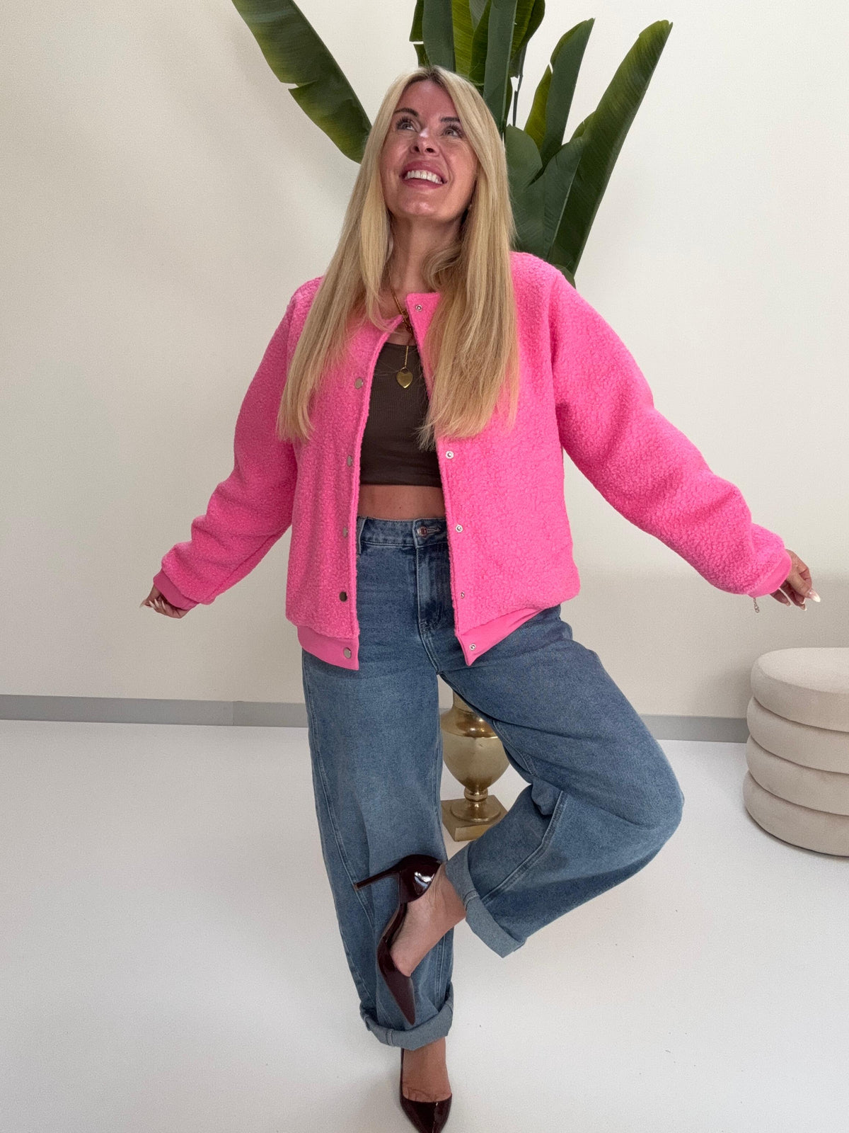 Bomber Jacke FLUFFY PINK mit Druckknöpfen