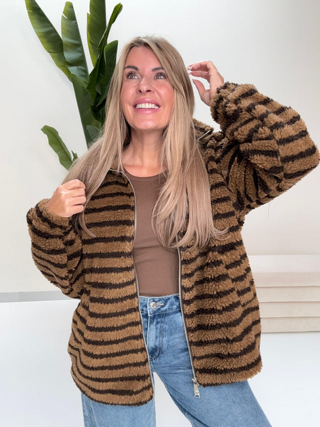 Teddy Jacke mit Reißverschluss toffee/dark chocolate gestreift