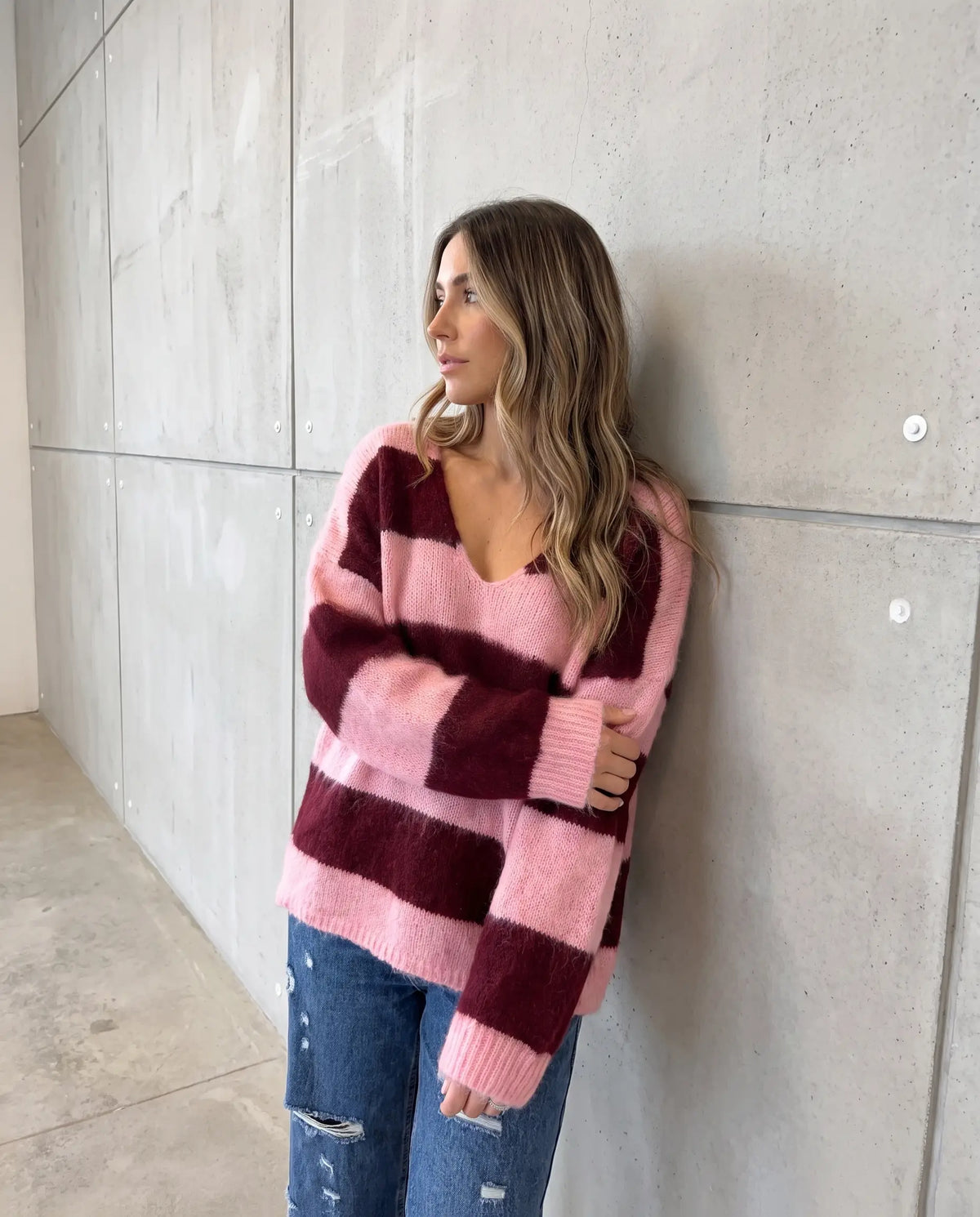 Kuschelweicher Strickpullover mit Alpakaanteil burgundy/rosa