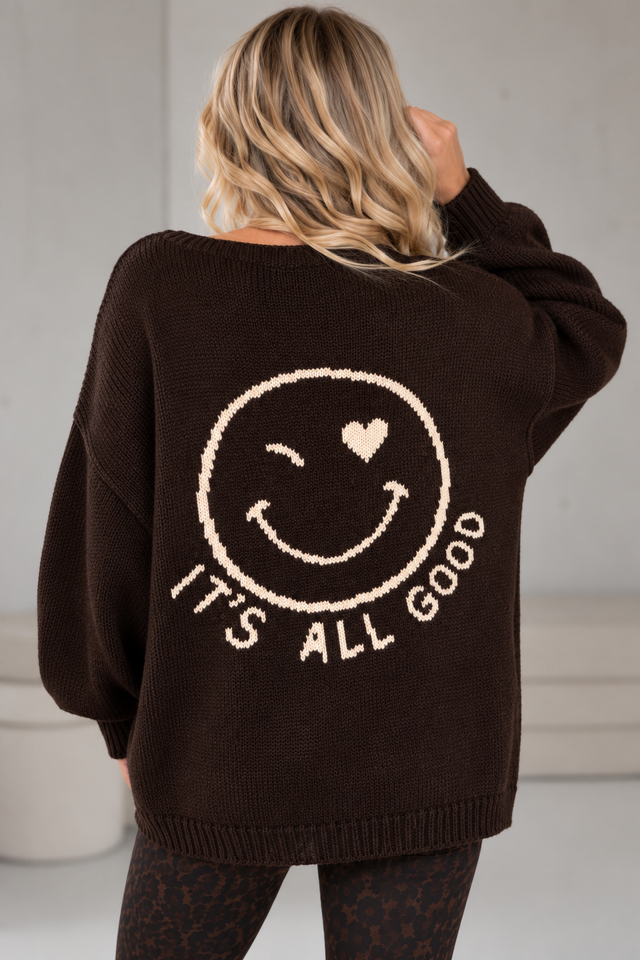 Oversize Strickpullover mit Smiley&Rückenprint dark chocolate/creme