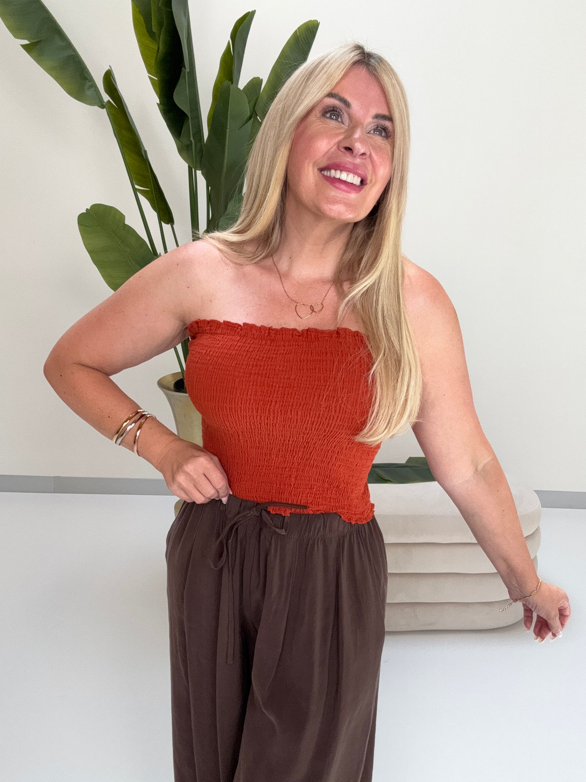 Musselin Bandeau Top mit elastischem Gummizug rostrot