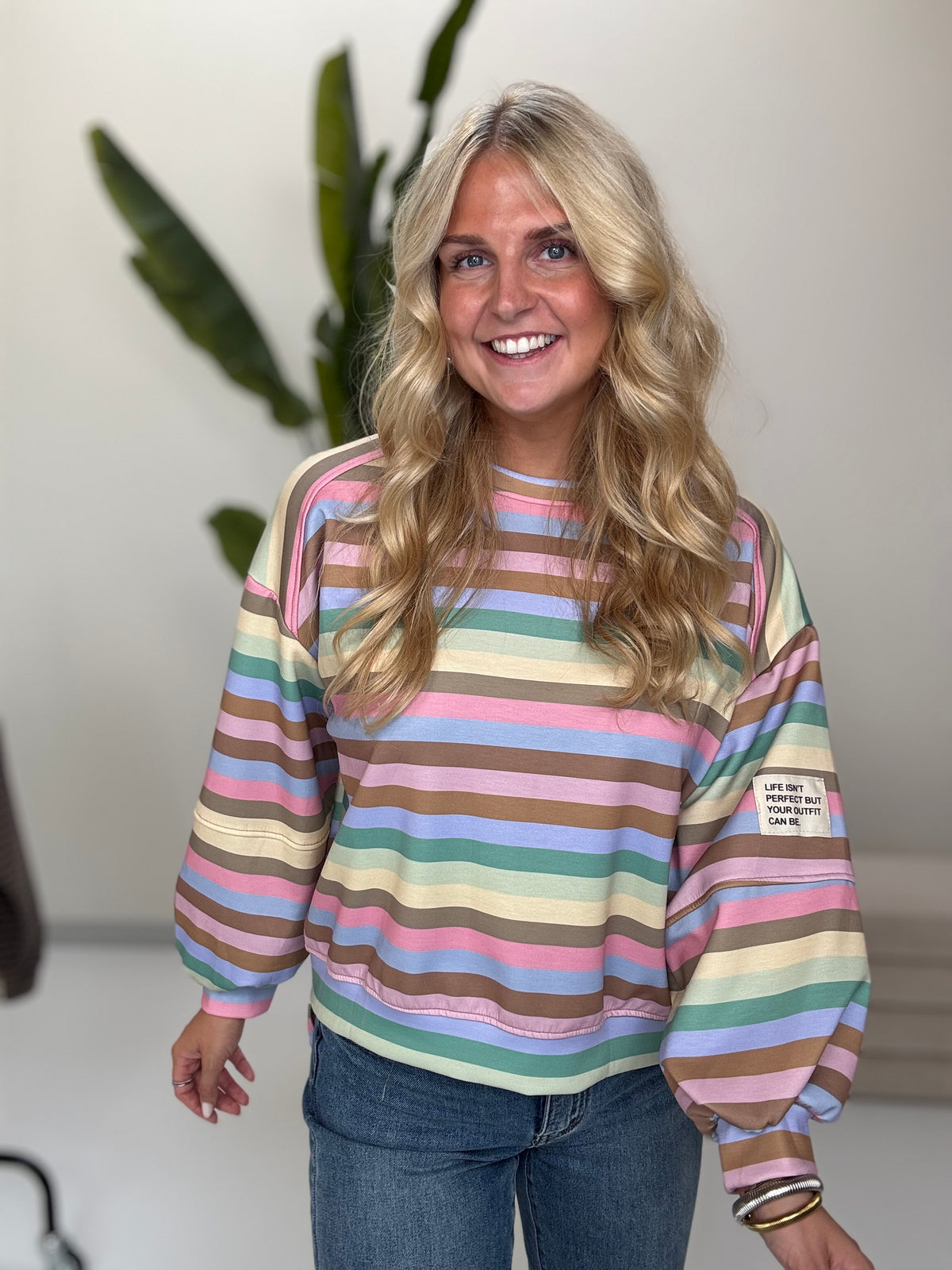 Butterstoff Sweater mit Patch am Ärmel SMALL STRIPES grün/mint/buttermilk/rosa/taupe