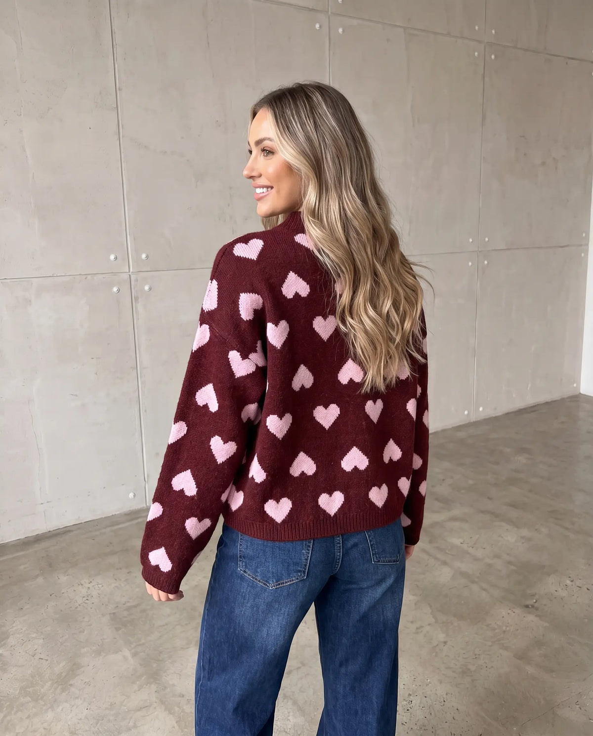 Zipper Strickjacke mit Herzchen burgundy/rosa