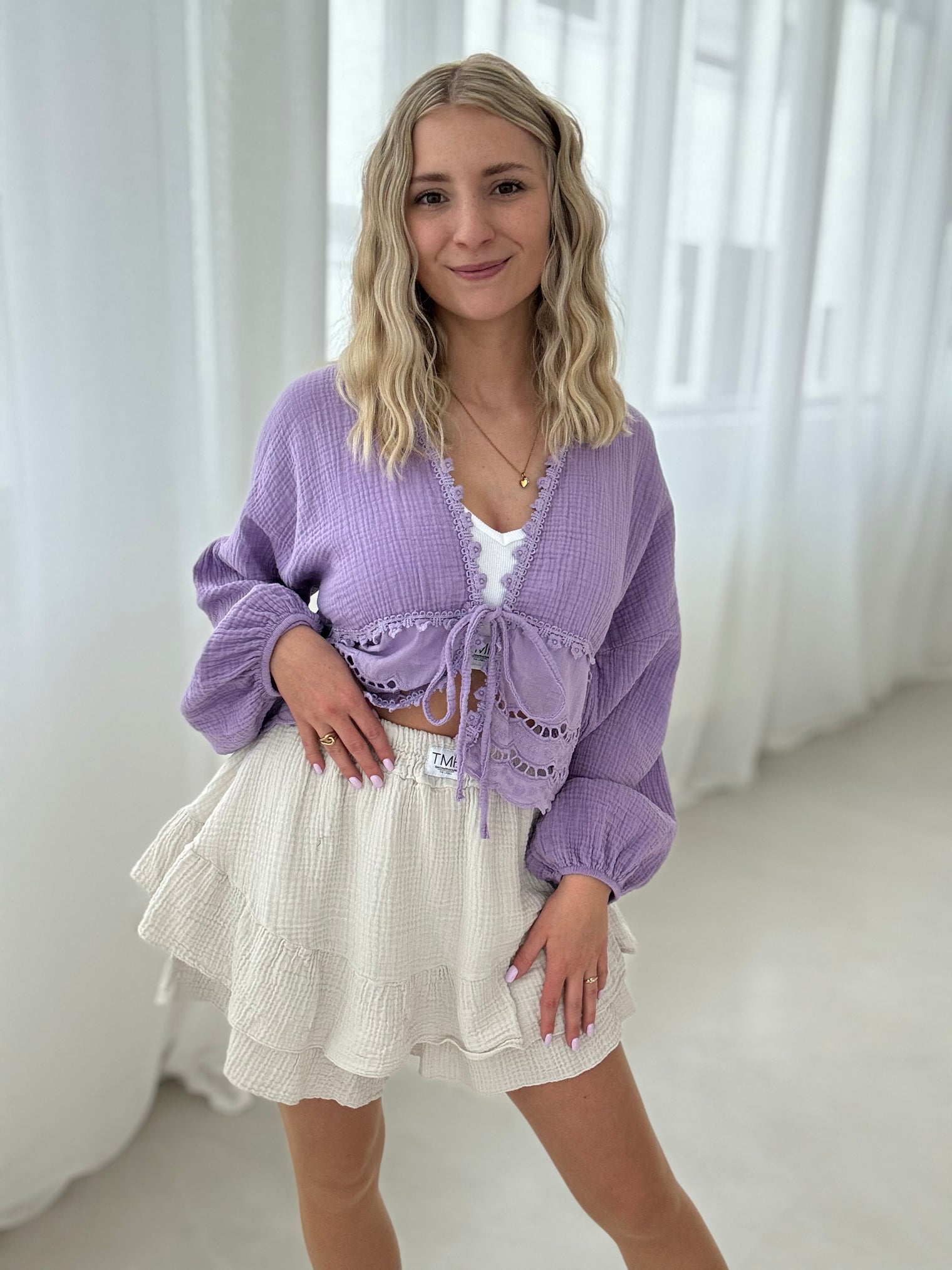 Musselin Bluse CANDY FLIEDER Lochspitze&Schleife
