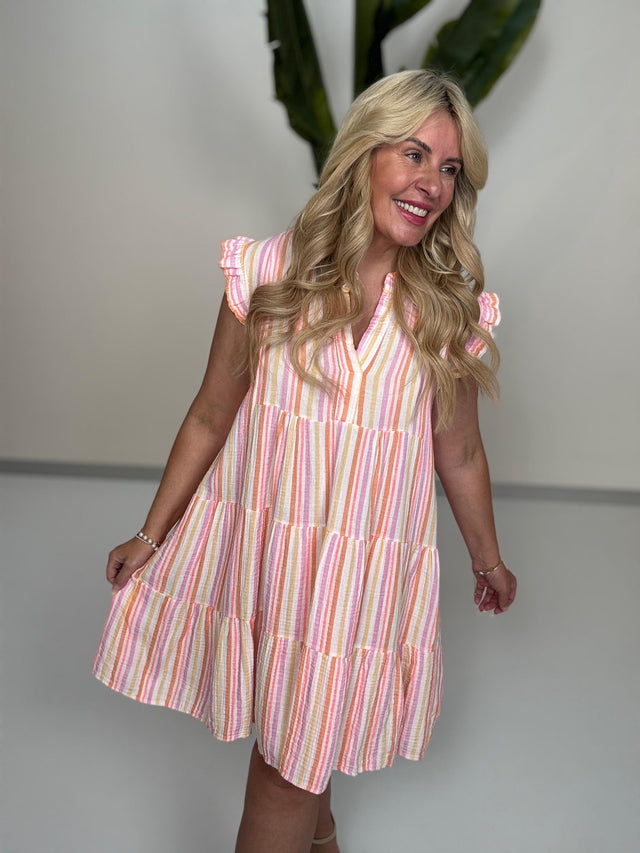 Signature Musselin Kleid kurz weiß SMALL STRIPES pastell rosa/peach/gelb