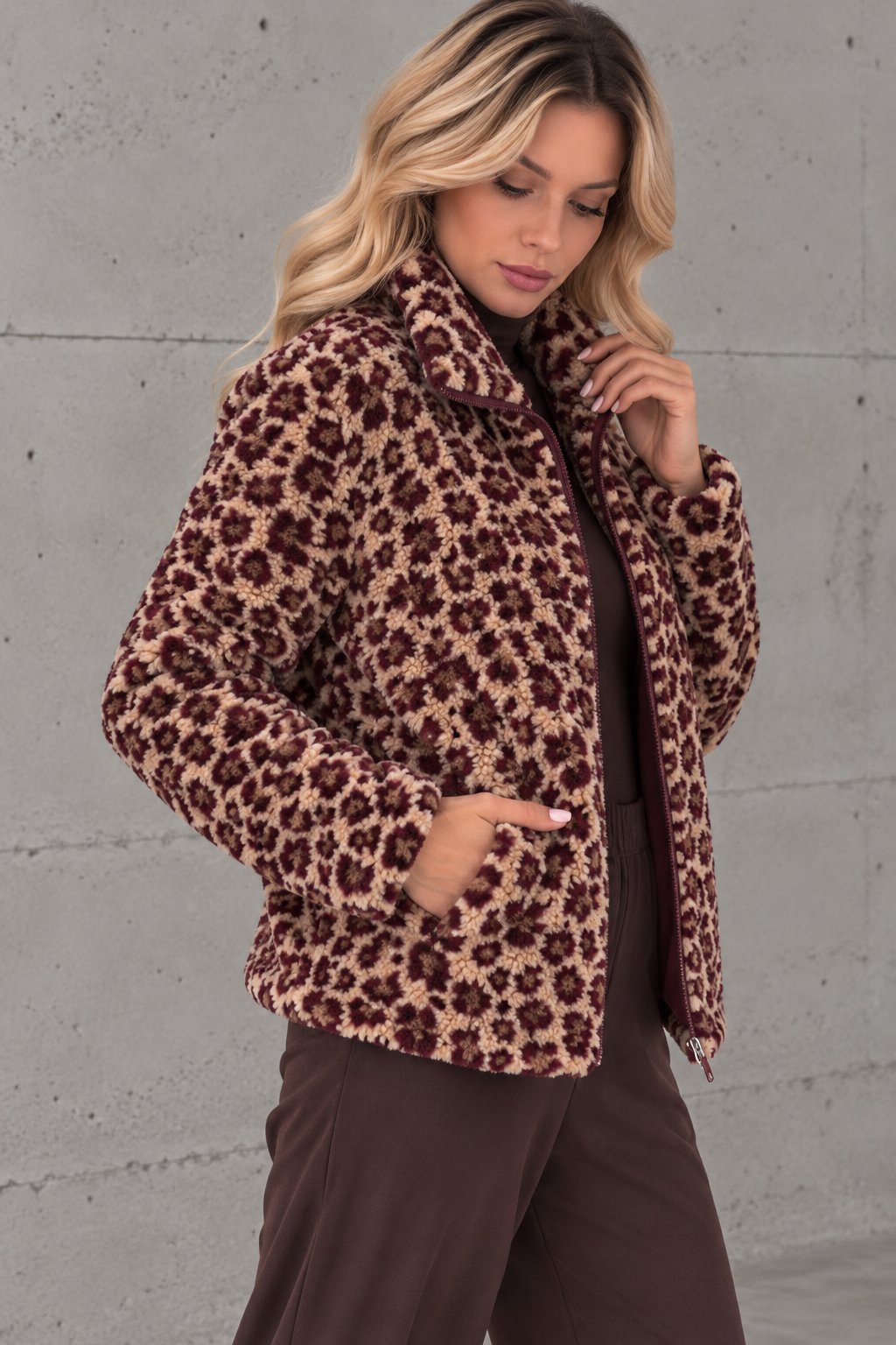 LEO Teddy Jacke creme/burgundy/camel