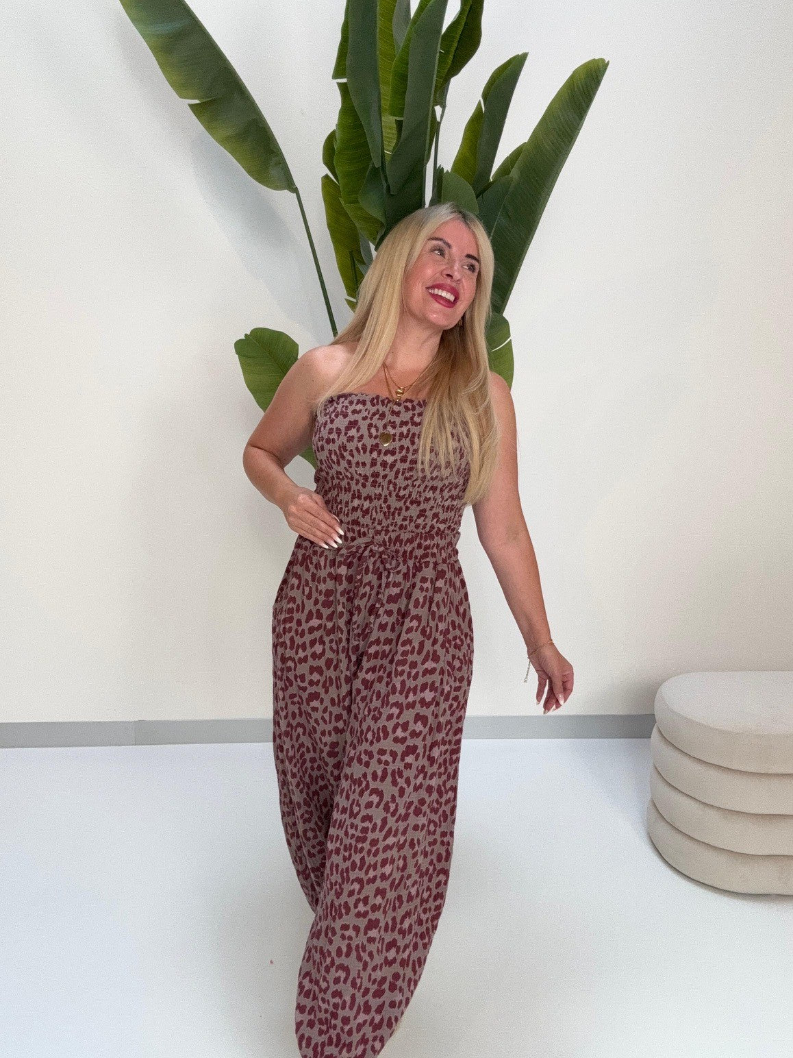 Musselin Bandeau Top mit elastischem Gummizug LEO burgundy/taupe