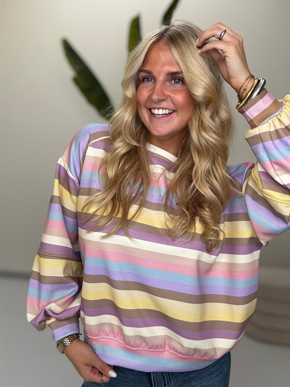 Butterstoff Sweater mit Patch am Ärmel SMALL STRIPES buttermilk/flieder/lila/taupe/gelb/hellblau