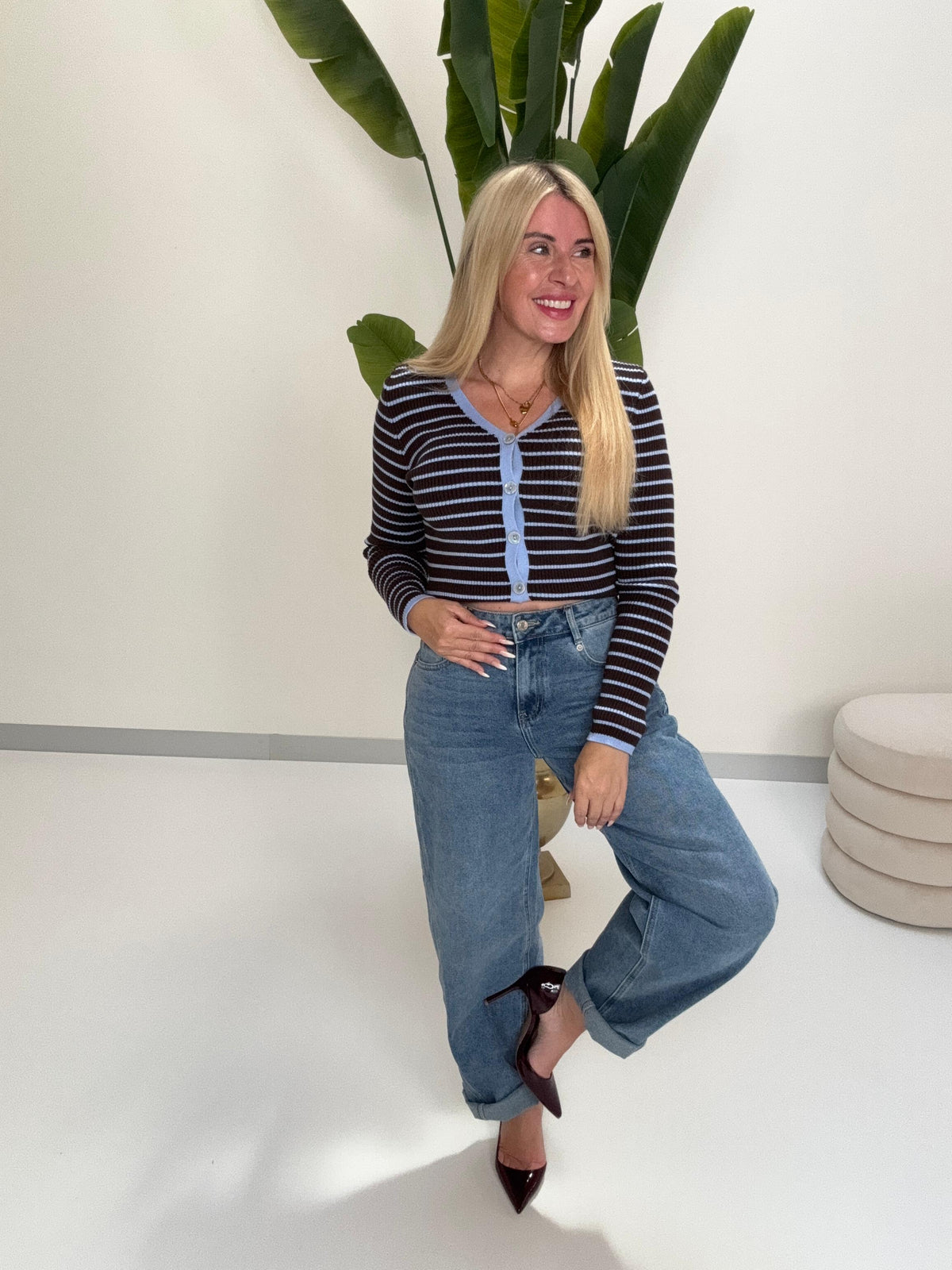 Strickjacke YOUR WAY himmelblau/coffee mit Knopfleiste