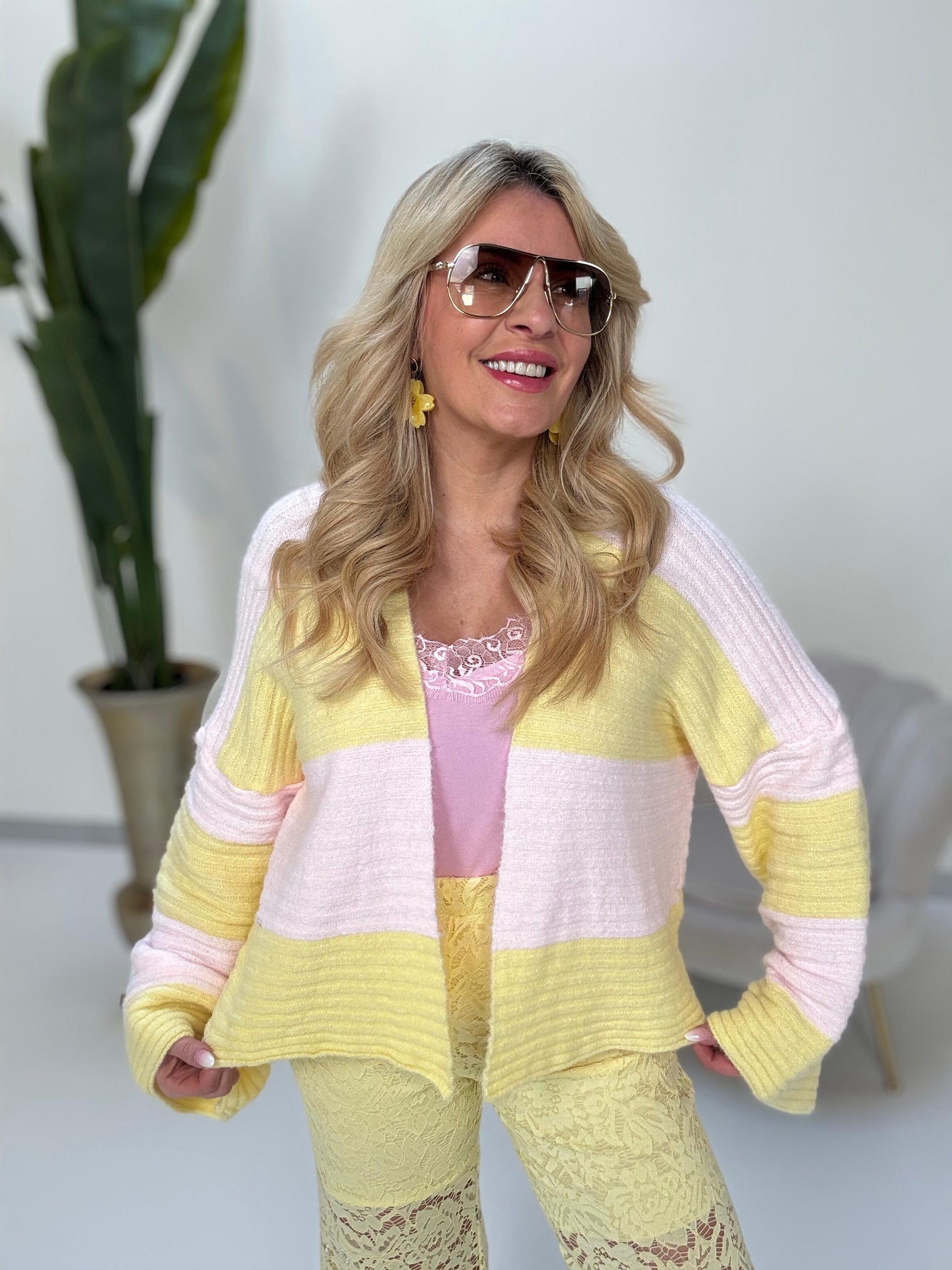 Cardigan BIG BLOCK STRIPES buttermilk lemon/rosa