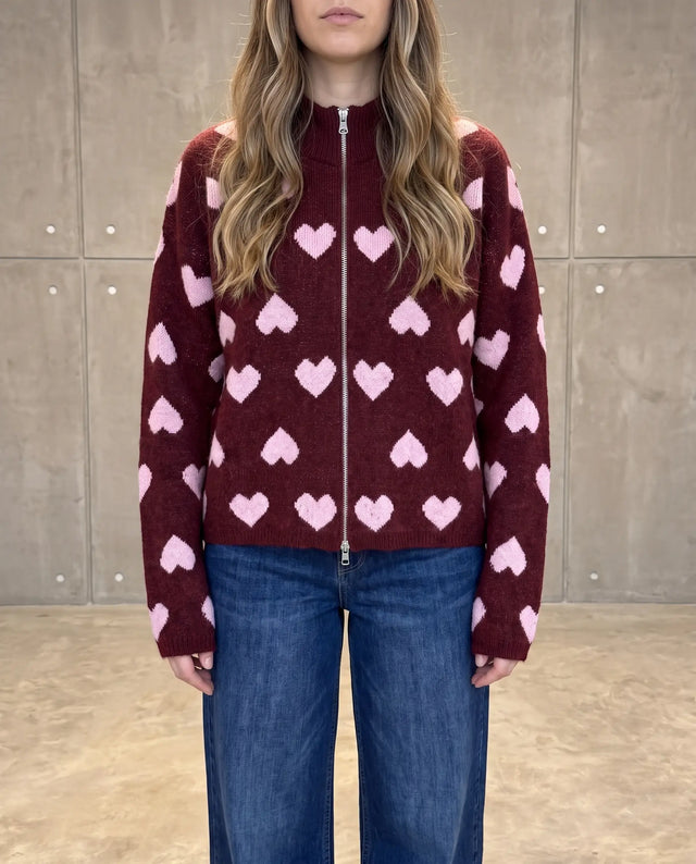 Zipper Strickjacke mit Herzchen burgundy/rosa