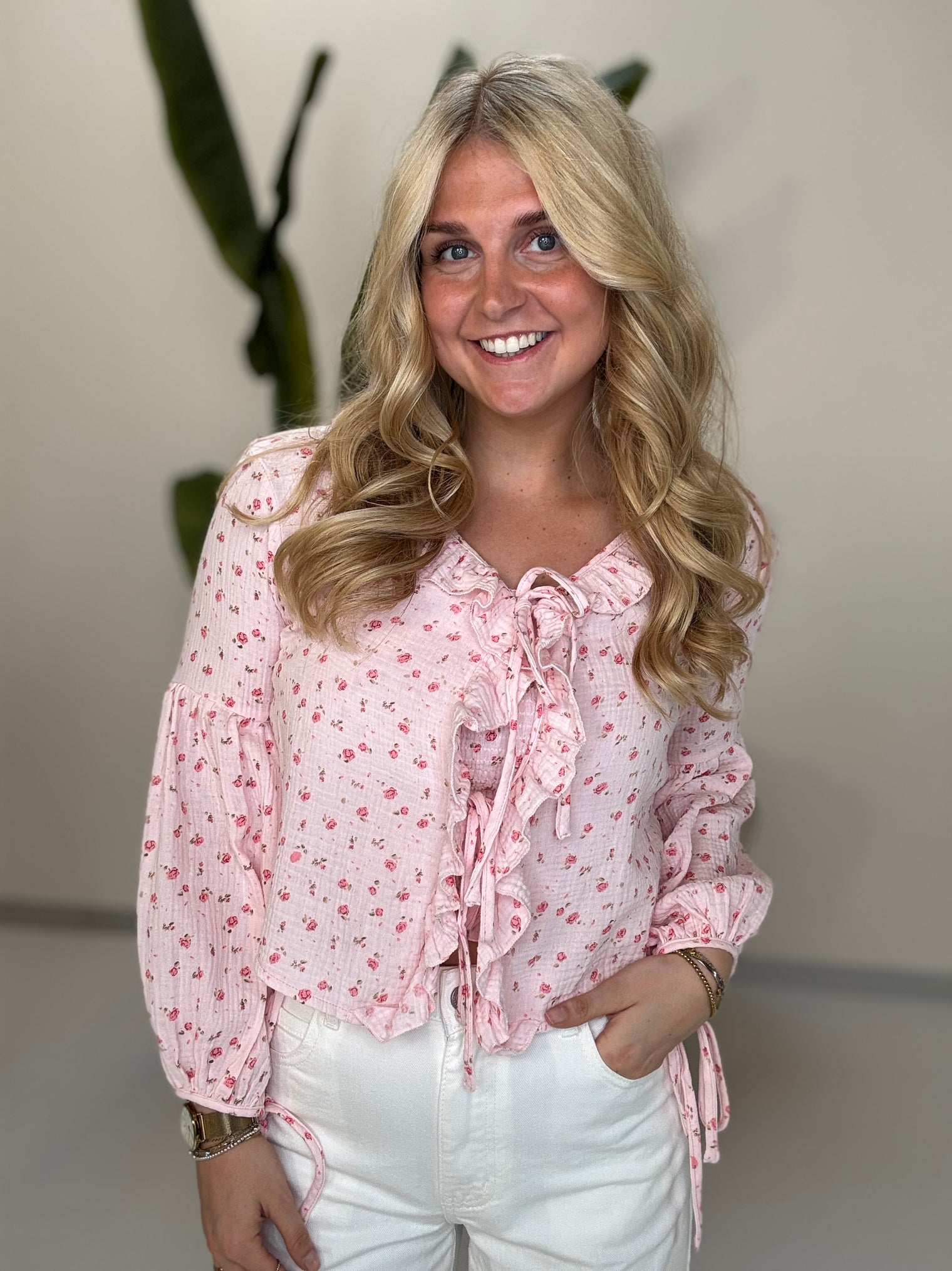 Musselin Bluse FLOWER KISS zum binden rose/pink