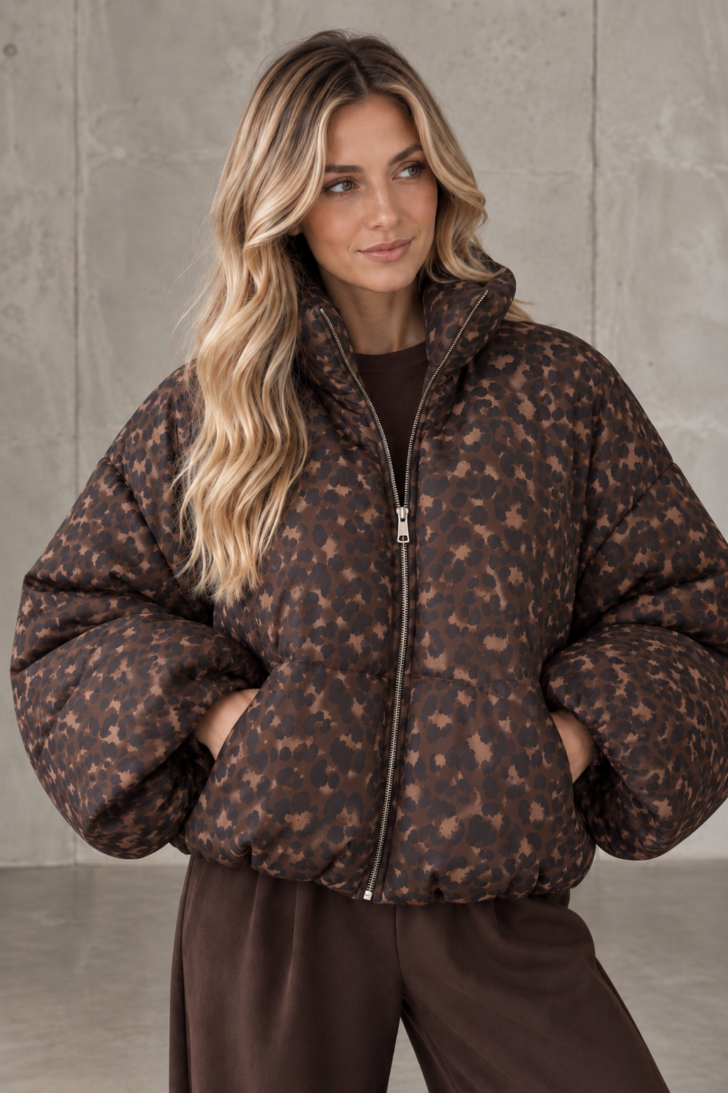 Jacke PUFFY POWER mit Reißverschluss Dark Chocolate Leo