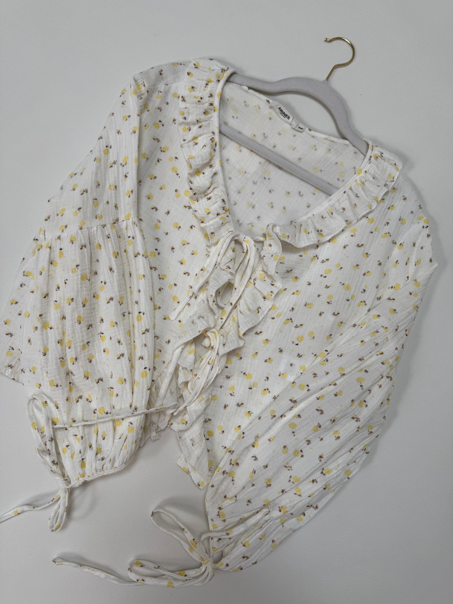 Musselin Bluse FLOWER KISS zum binden weiß/gelb
