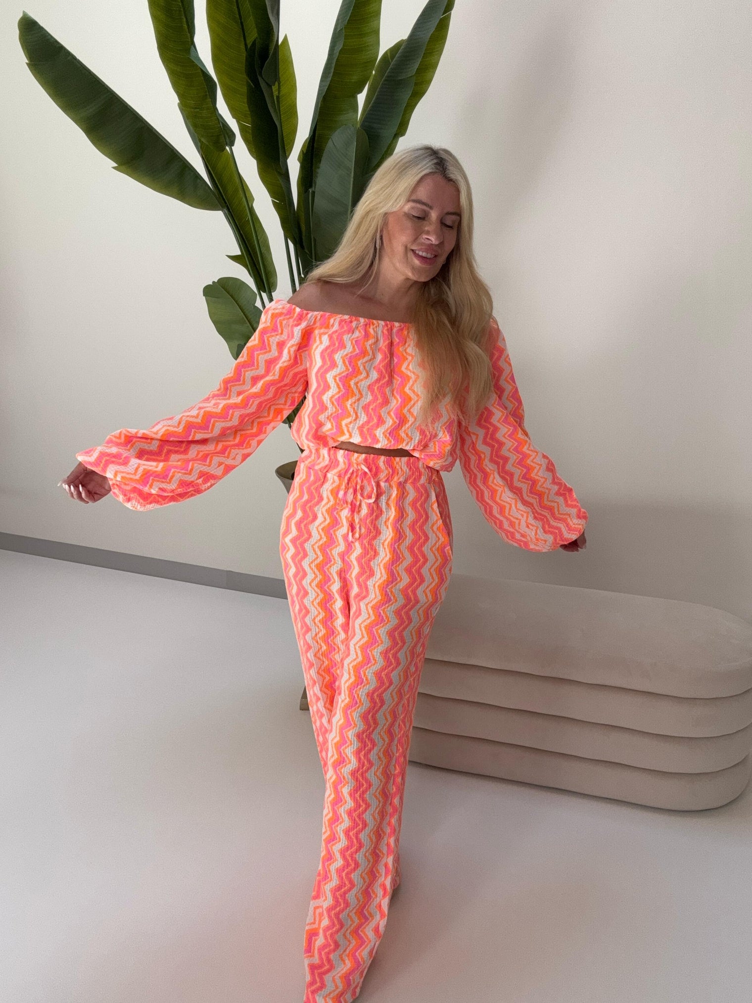Musselin Hose ON FIRE weiß/pink/orange