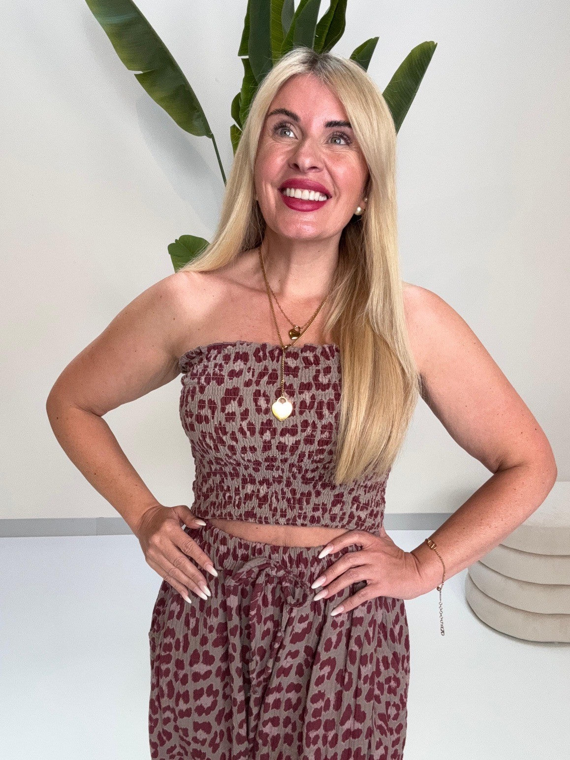 Musselin Bandeau Top mit elastischem Gummizug LEO burgundy/taupe