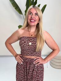 Musselin Bandeau Top mit elastischem Gummizug LEO burgundy/taupe