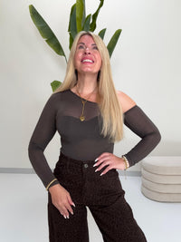 Stretchy One Off-Shoulder Longsleeve coffee leicht transparent