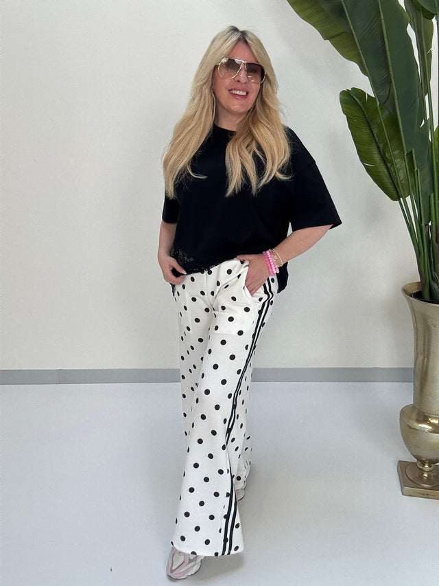 Weite Stoffhose weiß LOVE ME DOTS schwarz