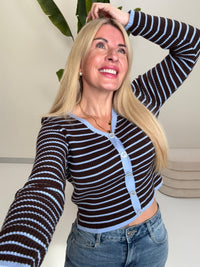 Strickjacke YOUR WAY himmelblau/coffee mit Knopfleiste