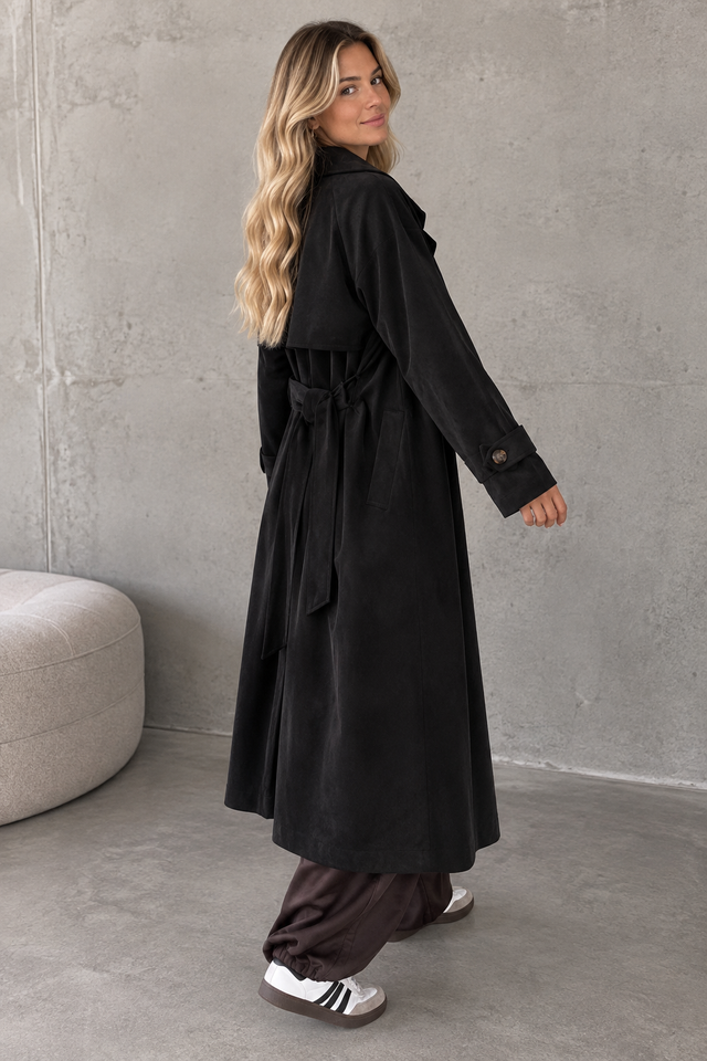 Velours Trenchcoat COZY KISS mit LEO Innenfutter schwarz
