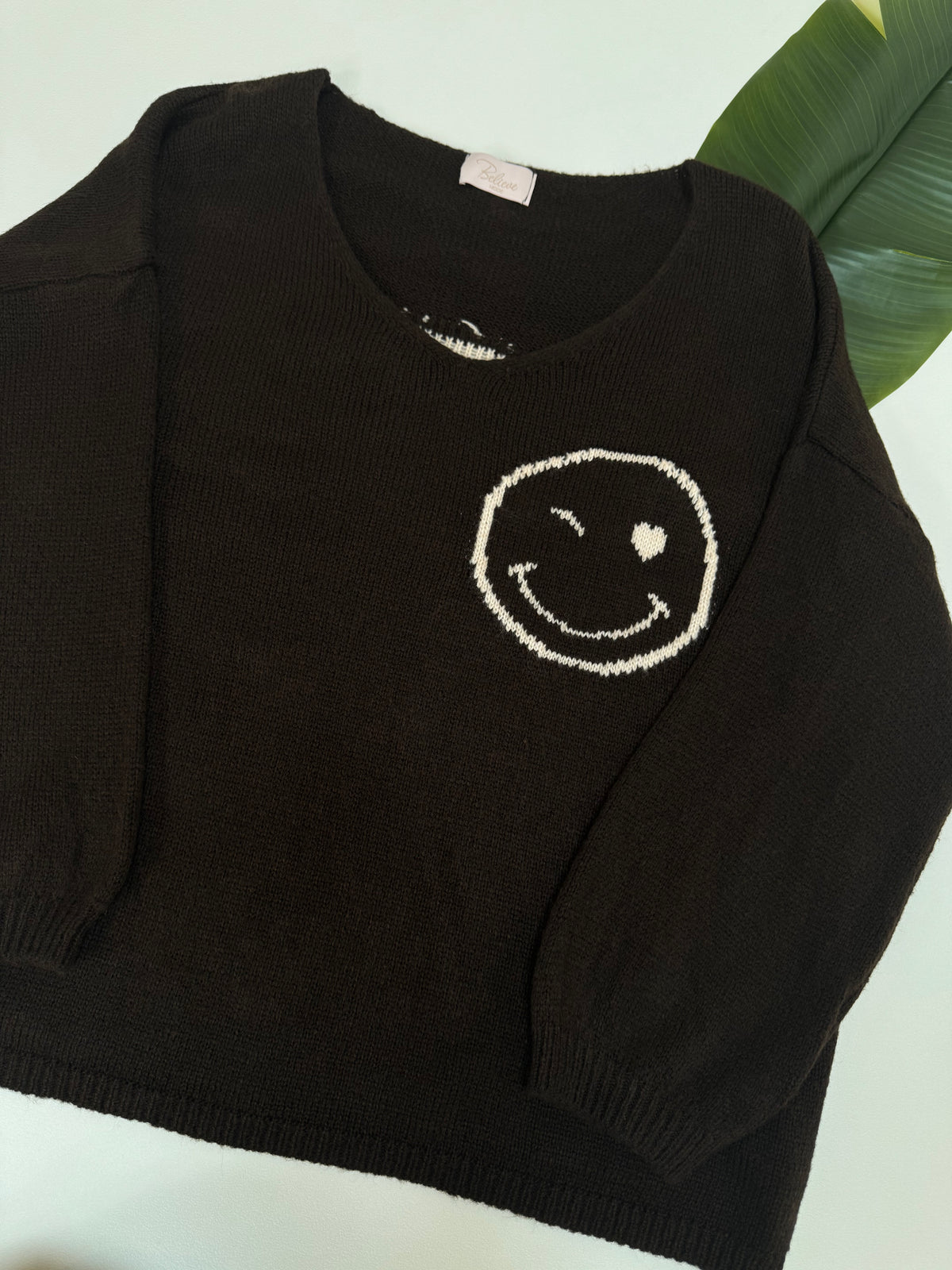 Oversize Strickpullover mit Smiley&Rückenprint dark chocolate/creme
