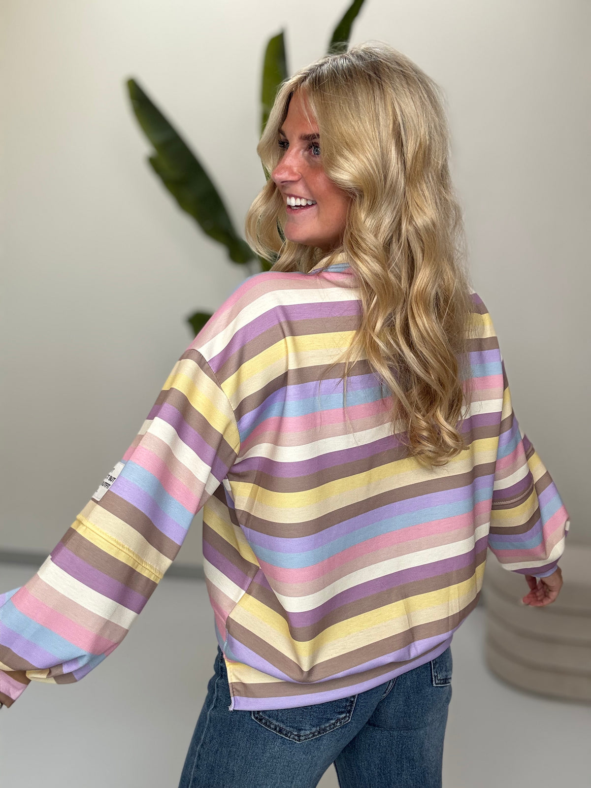 Butterstoff Sweater mit Patch am Ärmel SMALL STRIPES buttermilk/flieder/lila/taupe/gelb/hellblau