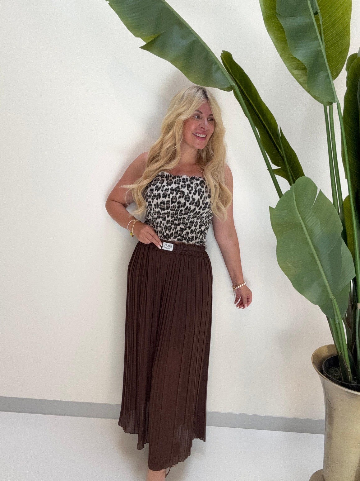 Musselin Bandeau Top mit elastischem Gummizug Leo beige/braun/schwarz