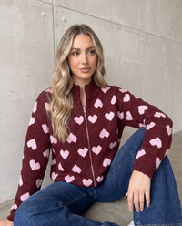 Zipper Strickjacke mit Herzchen burgundy/rosa