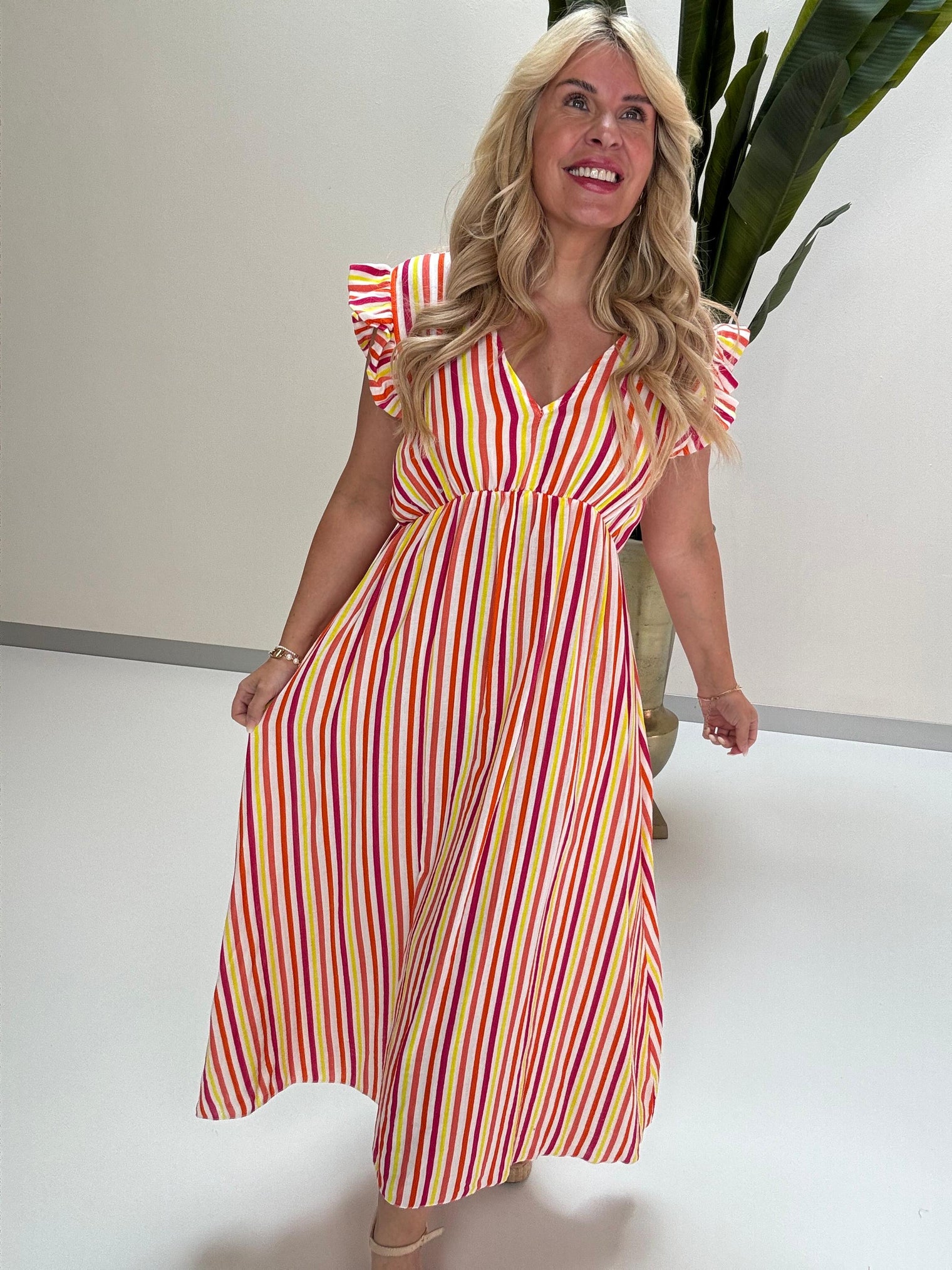 Signature Musselin Kleid weiß SMALL STRIPES fuchsia/orange/gelb/weiß