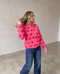 Zipper Strickjacke mit Herzchen pink/rot
