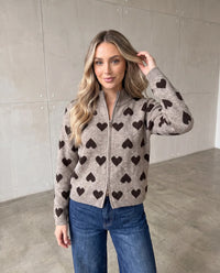 Zipper Strickjacke mit Herzchen stone/braun