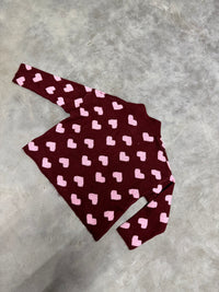 Zipper Strickjacke mit Herzchen burgundy/rosa