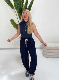 Stylische Barrel Hose COZY MYSTIQUE mitternachtsblau mit Tunnelzug