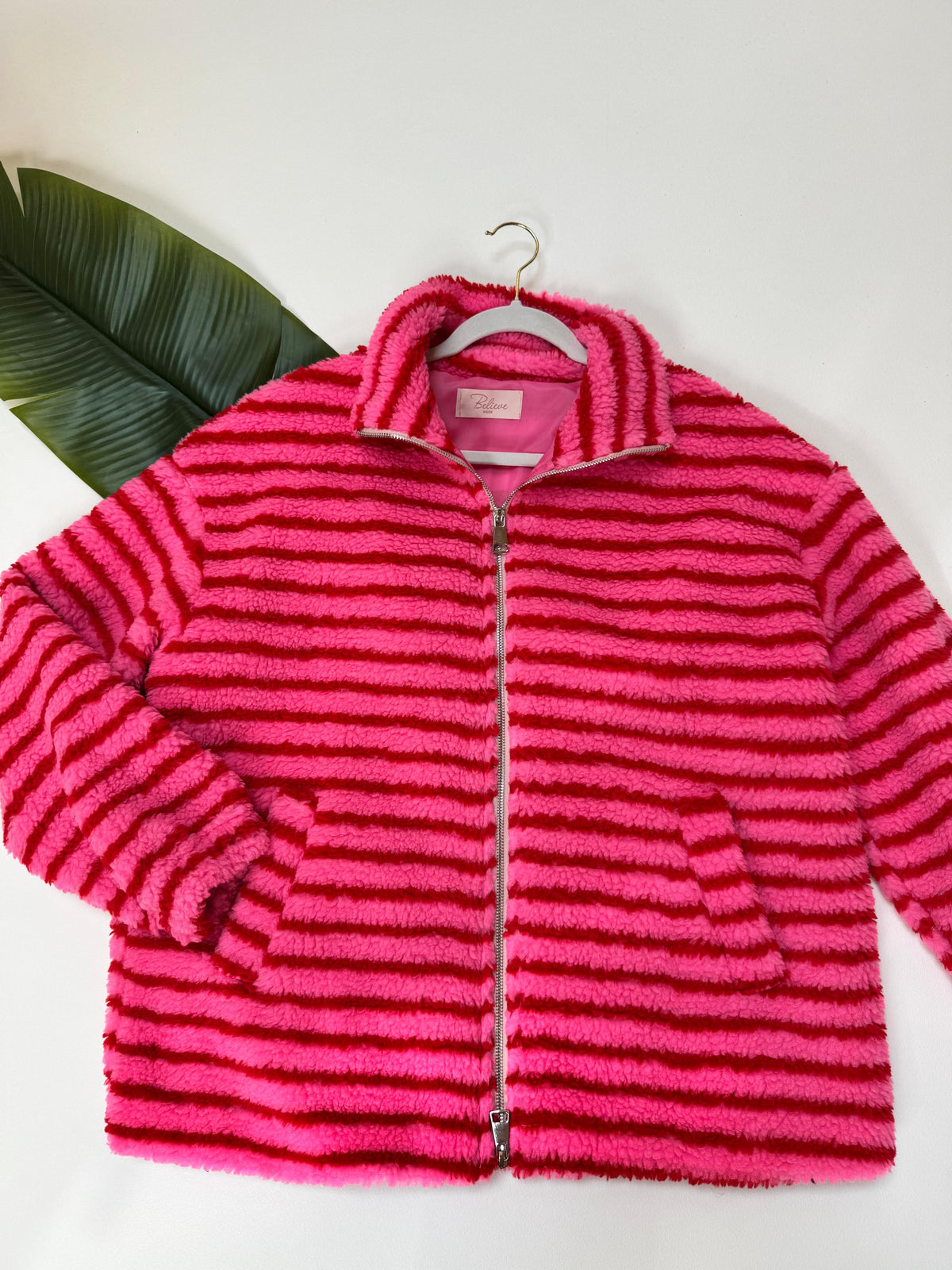 Teddy Jacke mit Reißverschluss pink/rot gestreift
