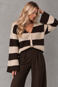 Leichte Strickjacke BLOCK STRIPES mit Knopfleiste chocolate/creme