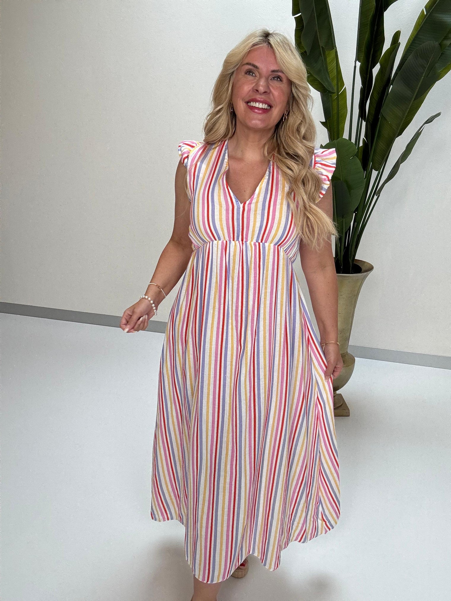 Signature Musselin Kleid weiß SMALL STRIPES rosa/hellblau/gelb/rot