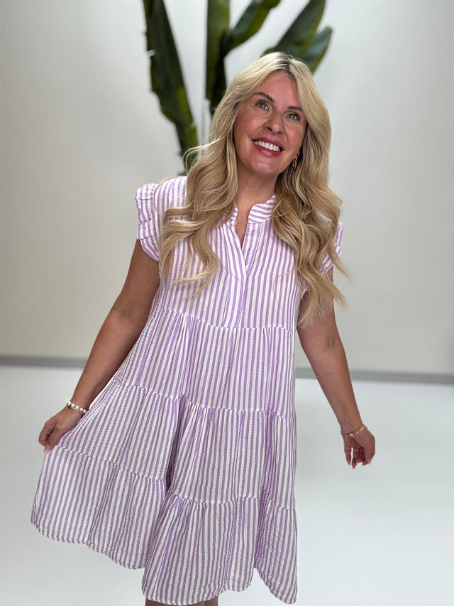 Signature Musselin Kleid kurz weiß SMALL STRIPES flieder