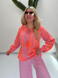 Bluse BOHO BASH rosa/orange mit Quastenbändchen