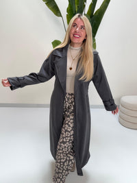 Velours Trenchcoat COZY KISS mit LEO Innenfutter dark grey