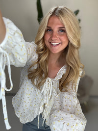 Musselin Bluse FLOWER KISS zum binden weiß/gelb