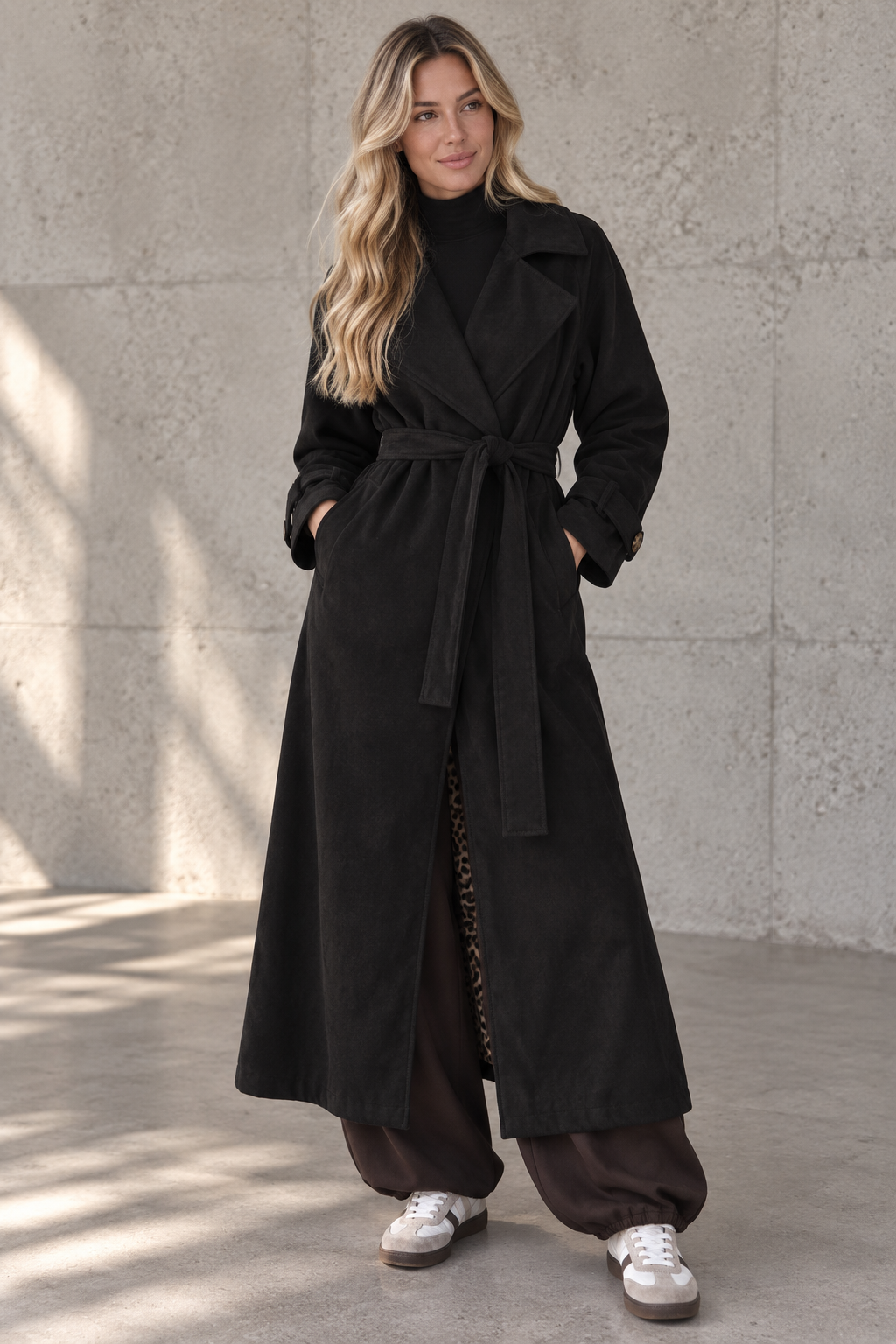 Velours Trenchcoat COZY KISS mit LEO Innenfutter schwarz