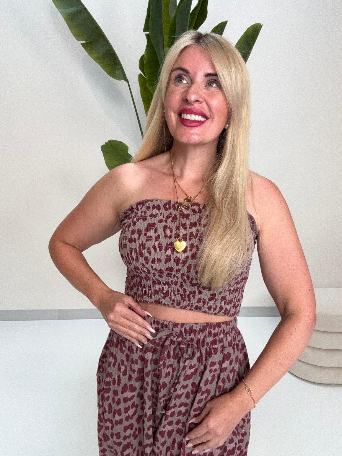 Musselin Bandeau Top mit elastischem Gummizug LEO burgundy/taupe
