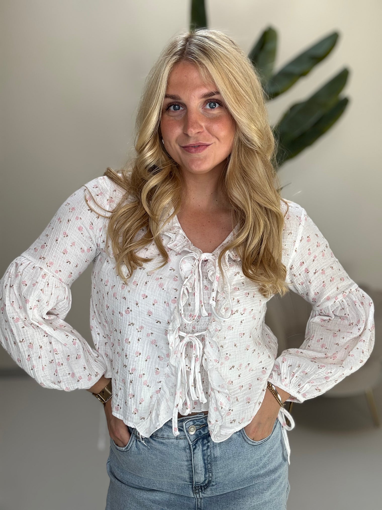 Musselin Bluse FLOWER KISS zum binden weiß/rosa