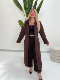 Velours Trenchcoat COZY KISS mit LEO Innenfutter dark chocolate
