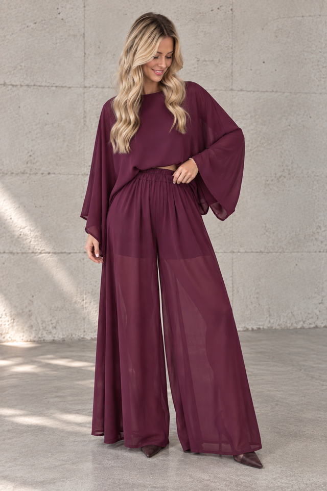 Transparent Bluse im Fledermaus Schnitt Burgundy