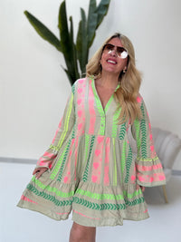 BOHO Kleid kurz STYLE hot green/rosa/dunkelgrün